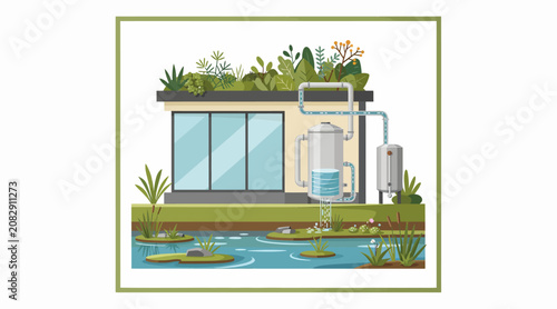 Eco-friendly building with green roof and water harvesting system