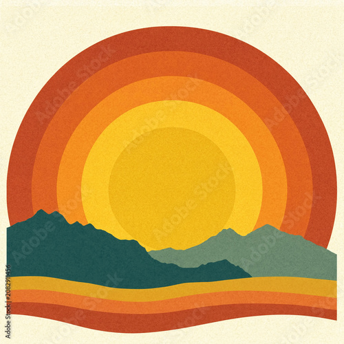 Stylized retro sun rises over layered mountains in warm orange and yellow tones. Graphic flat illustration with textured paper look suitable for backgrounds and posters.