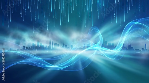 Futuristic cityscape with data stream and light trails