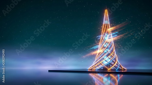 Neon christmas tree on a platform with starry night sky