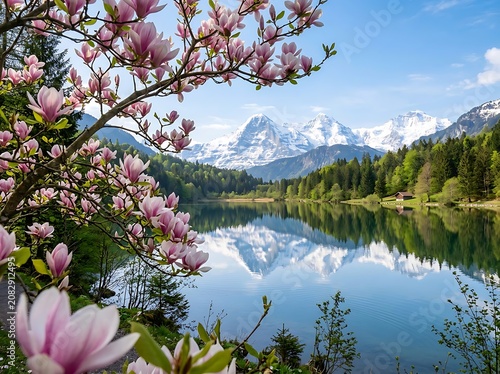 Magnolia blossoms by serene mountain lake reflection.