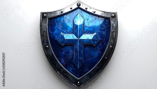 Ornate medieval shield with blue cross emblem and metal trim