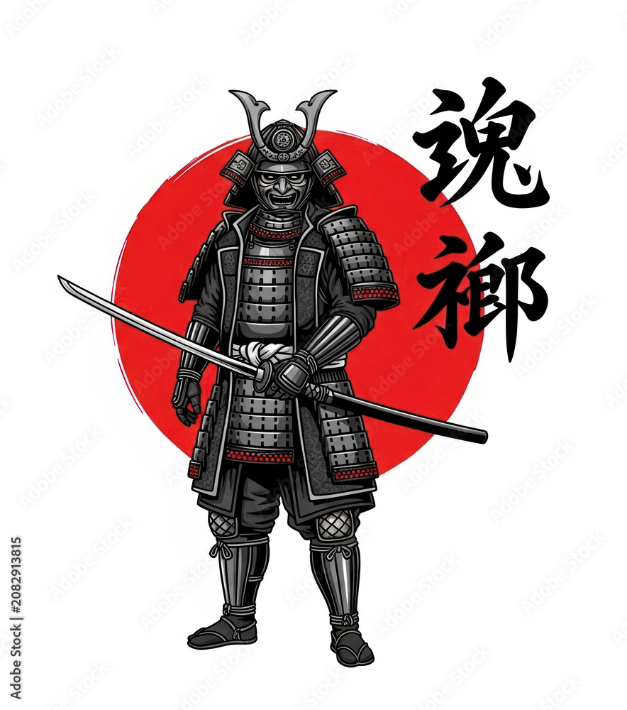 Fototapeta premium Samurai warrior in full armor holding a katana sword, a Japanese warrior with red sun background