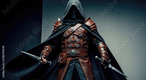 Detailed leather armor with hoods and daggers for a stealthy fantasy rogue, featuring intricate buckles, dark cloaks, and shadowy lighting, dark, strap, costume