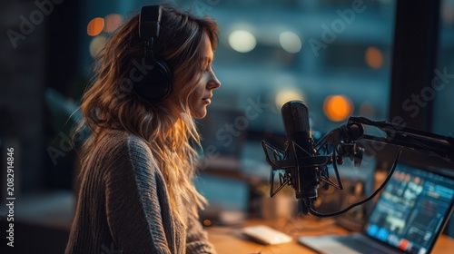 Young woman podcasting at home studio with city lights background.