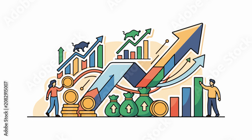 Stylized financial growth with charts money bags and upward arrows