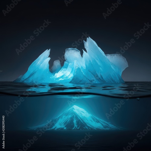 Ethereal translucent ice structures float silently in dark oceanic depths, revealing the hidden scale of a frozen peak below the waterline, environment, chill, vast