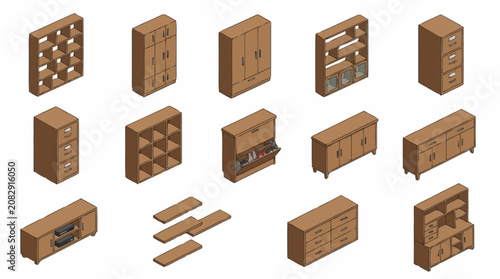 Collection of various wooden furniture pieces.