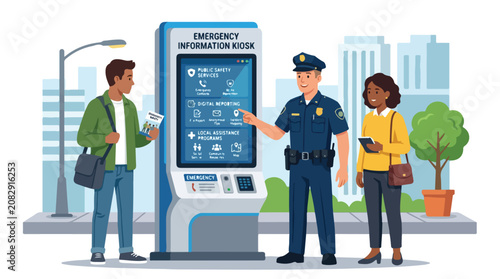 Police officer helping citizens at a modern emergency information kiosk.