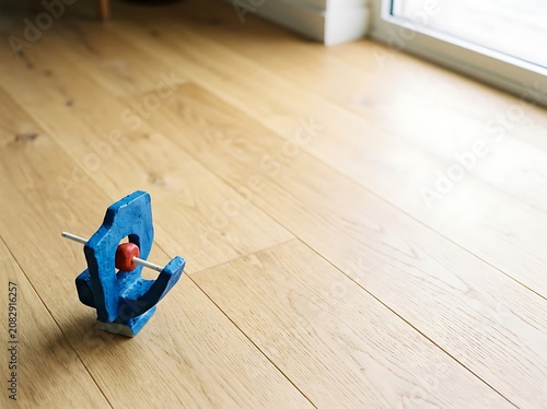 Small blue toy robot on wooden floor indoors.