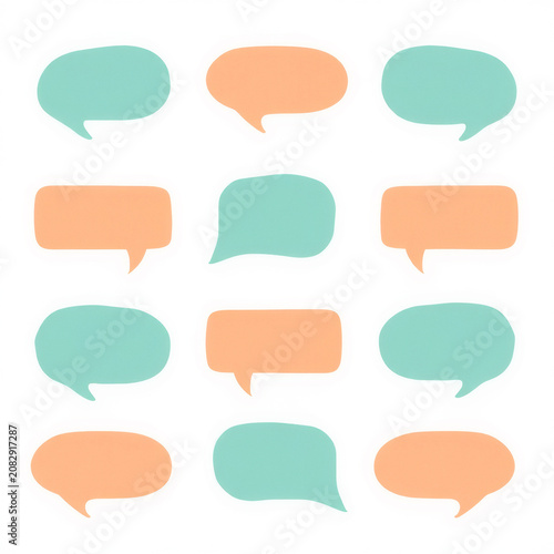Flat vector illustration of colorful speech bubbles in various shapes and sizes. Ideal for communication and social media concepts.