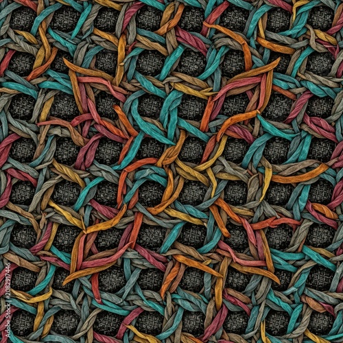 Intricate abstract geometric pattern simulating a complex decorative woven textile texture and artistic ornamental background design, grid, fiber, weave