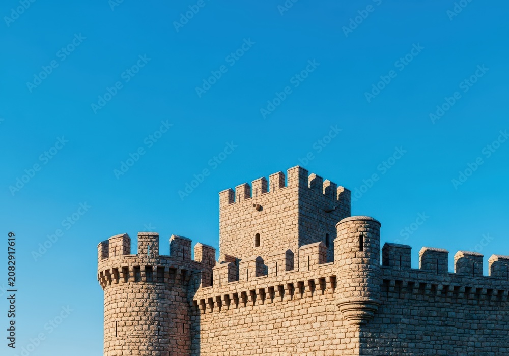 Fototapeta premium Massive stone castle walls featuring crenelated parapets under a bright blue sky, highlighting historical defensive architecture and fortification structure, rectangular, exterior, geometry
