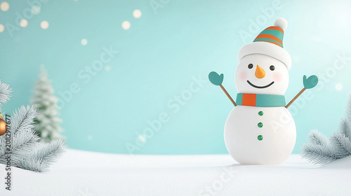 A cheerful snowman with a striped hat and scarf stands in a snowy scene with falling snowflakes and frosted pine branches.