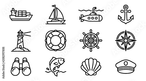Valokuva Nautical icons including ships and tools on display