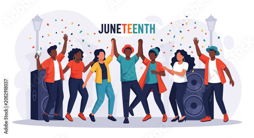 Juneteenth Celebration Illustration Featuring Happy African American People Dancing and Celebrating Freedom Day with Music and Confetti