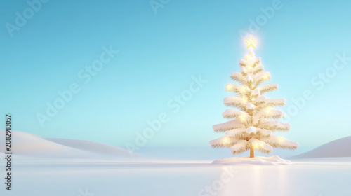 A glowing Christmas tree covered in snow stands alone on a serene, snowy landscape under a clear blue sky.