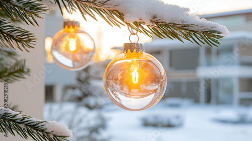 Two glowing Christmas ornaments hang from snowy pine branches with a winter landscape blurred in the background.