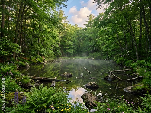 Serene forest stream flowing through lush greenery.