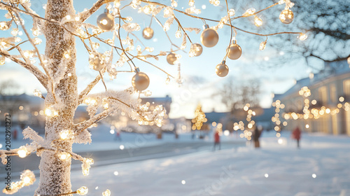 A tree adorned with white Christmas lights and ornaments glows warmly in a snowy park with blurred festive decorations and people in the background.
