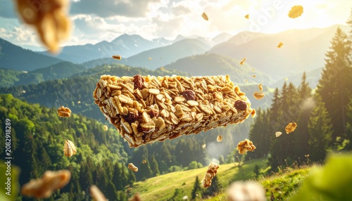 Granola bar in mid-air with scattered oat flakes outdoors. Concept for nature-inspired health foods, adventure snacks and organic brands nut