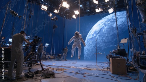 Astronaut suspended in space with filming film set with Earth backdrop.