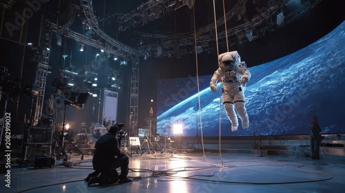 Astronaut floats midair in film studio with Earth backdrop, wires, crew, and lights.