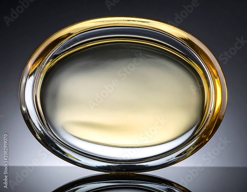 Oval glass dish with golden rim reflecting light