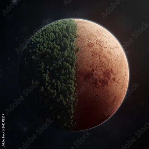 Abstract 3D render of planet Earth half covered in green forest and half turned into cracked desert land