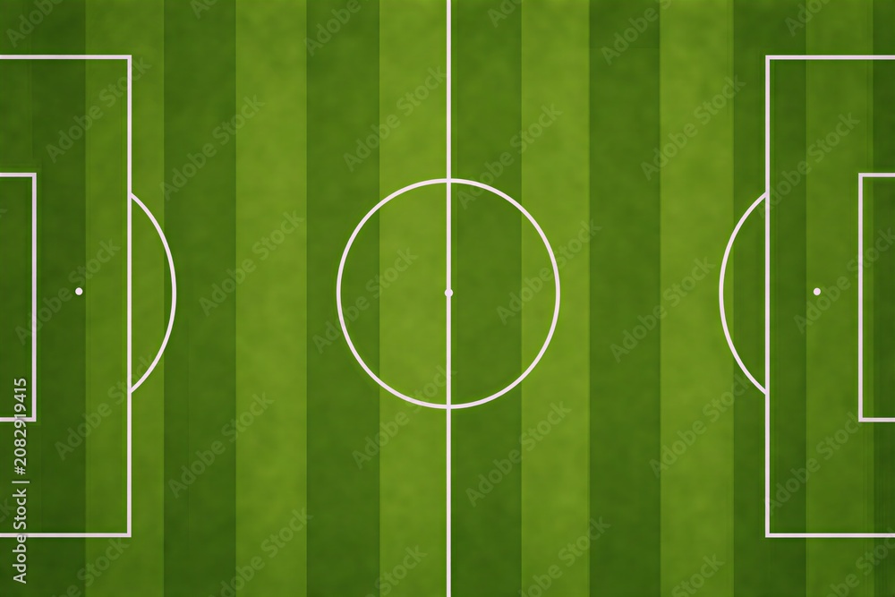 Obraz premium Pristine professional soccer field with white markings, goalposts, and textured grass stripes, captured from a high-angle aerial topview perspective, ideal for sports design.