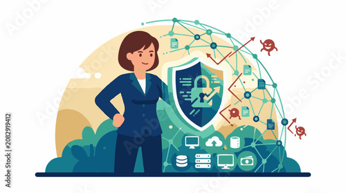 Woman guarding digital shield and network against cyber threats