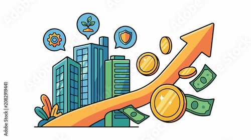 Stylized buildings with growth arrow money and icons