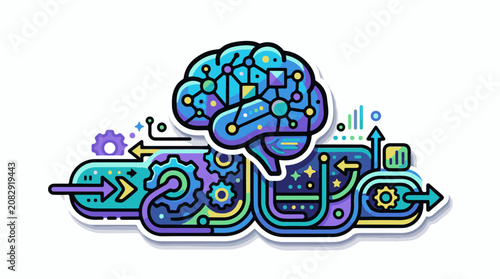 Stylized brain with gears data streams and upward arrows