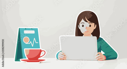 Woman with face mask working on laptop beside coffee and health chart