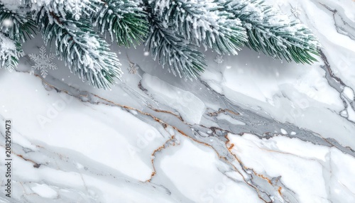 Elegant Winter Pine Branch on Marble Surface with Falling Snow.