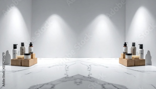 Minimalist Skincare Product Display with Spotlights in a Modern Studio.