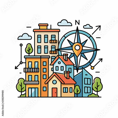 Urban landscape with compass and directional arrows