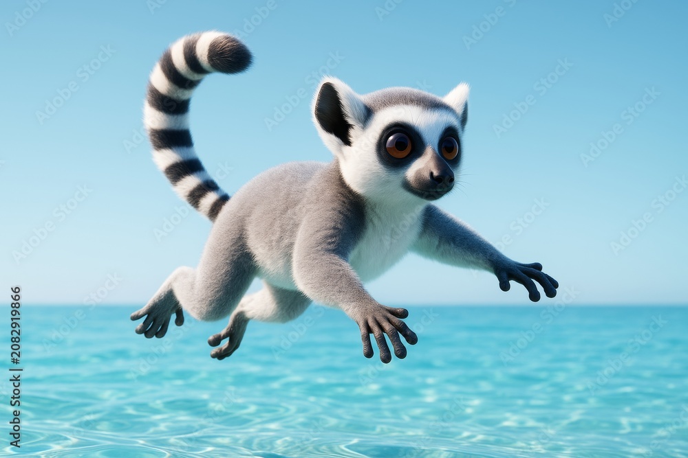 Fototapeta premium Cute cartoon-style lemur mid-jump over tropical blue water with bright sky in the background, capturing a light and playful animal moment. Ai generative