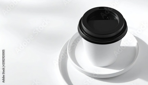 Minimalist Black and White Photo of a Coffee Cup on a Saucer.
