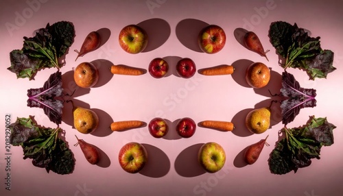 Symmetrical Arrangement of Fresh Fruits and Vegetables on a Pink Background.