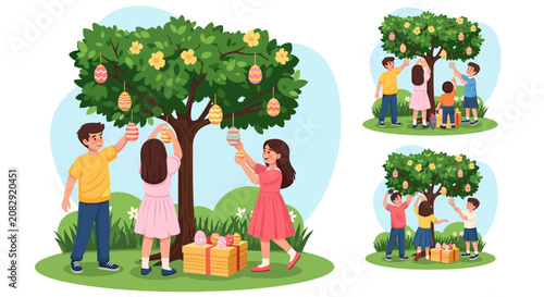 Set of Happy Children Decorating an Easter Tree with Colorful Eggs in the Garden, Vector Illustration for Spring Holiday Celebration