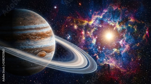 Majestic Jupiter and Ringed Planet in Cosmic Nebula.