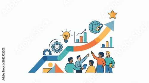 Diverse team collaborating achieving goals with upward trend