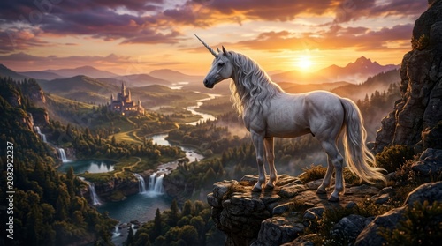 Majestic Unicorn Standing on Cliff Overlooking Enchanted Valley at Sunset.