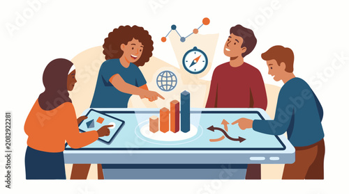 Diverse team collaborating around a futuristic interactive table