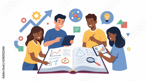 Diverse team collaborating around an open book with digital tools