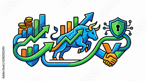 Upward trending market bull with secure handshake and investment chart