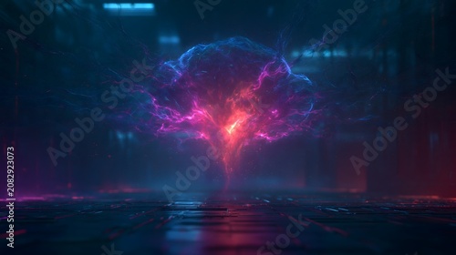 Futuristic artificial intelligence concept, glowing digital AI core in the center, neural network connections, holographic interface, advanced technology environment, blue and purple neon lighting