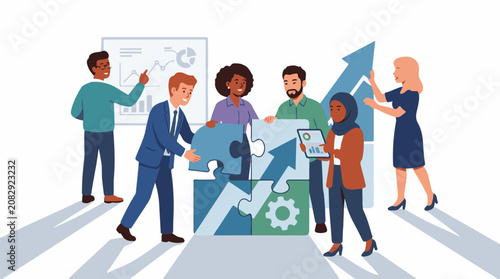 Diverse team collaborating on business growth with puzzle pieces and charts