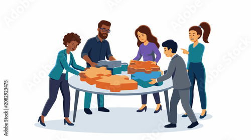 Diverse team collaborating to assemble large puzzle pieces on a table